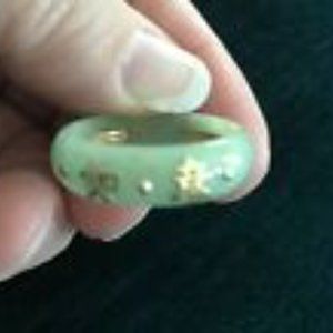 Green Jade Band with Chinese Character for Good Luck in 14K Yellow Gold